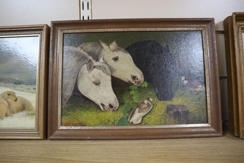 19th century English School, oil on mill board, Sheep in winter, 19 x 30cm, a pair of oils of horses and cattle by A.F. Barnes, 1913 an